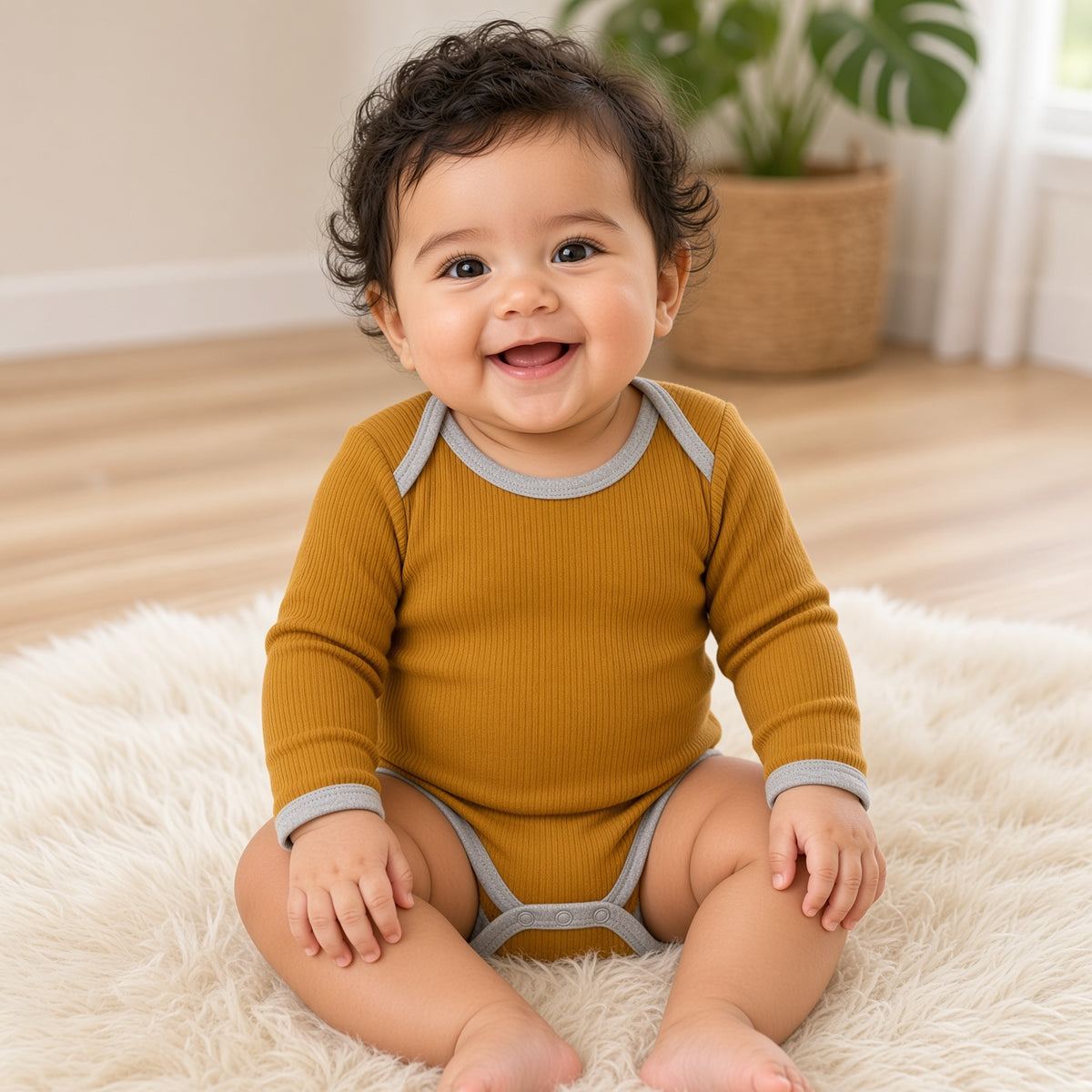 Smiling baby sitting in a mustard long-sleeve ribbed onesie