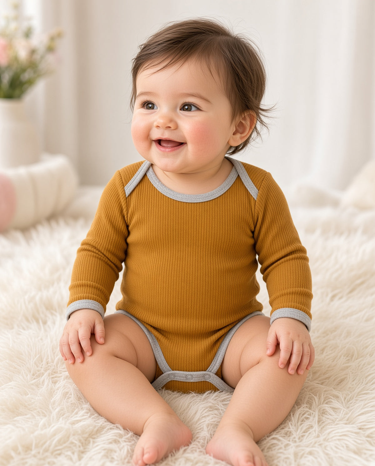 Baby wearing a mustard ribbed long-sleeve snap bodysuit with gray trim