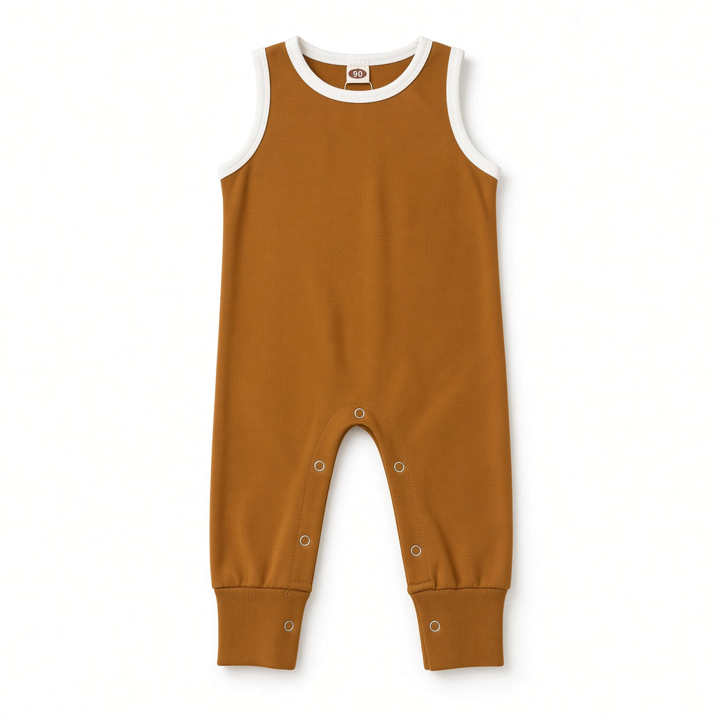 Camel sleeveless snap-leg baby jumpsuit with white contrast neckline, front view