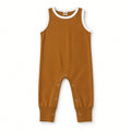 Camel sleeveless snap-leg baby jumpsuit with white contrast neckline, front view