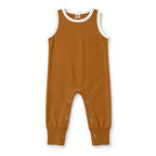 Camel sleeveless snap-leg baby jumpsuit with white contrast neckline, front view