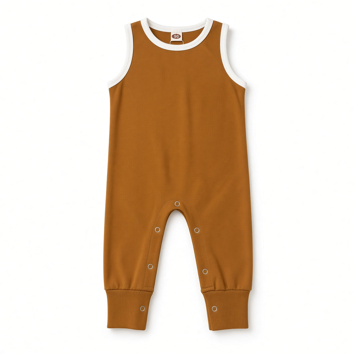 Camel sleeveless snap-leg baby jumpsuit with white contrast neckline, front view