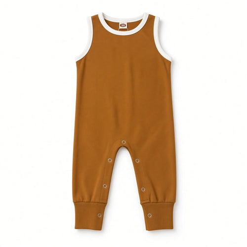 Camel sleeveless snap-leg baby jumpsuit with white contrast neckline, front view