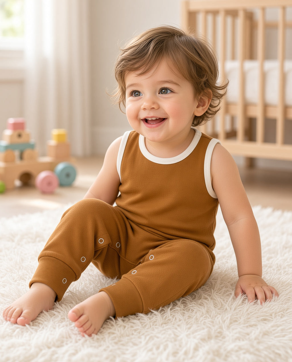 Baby wearing a camel sleeveless tank romper with white trim