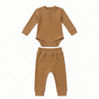 Baby camel ribbed two-piece set: henley snap onesie and pants, flat view