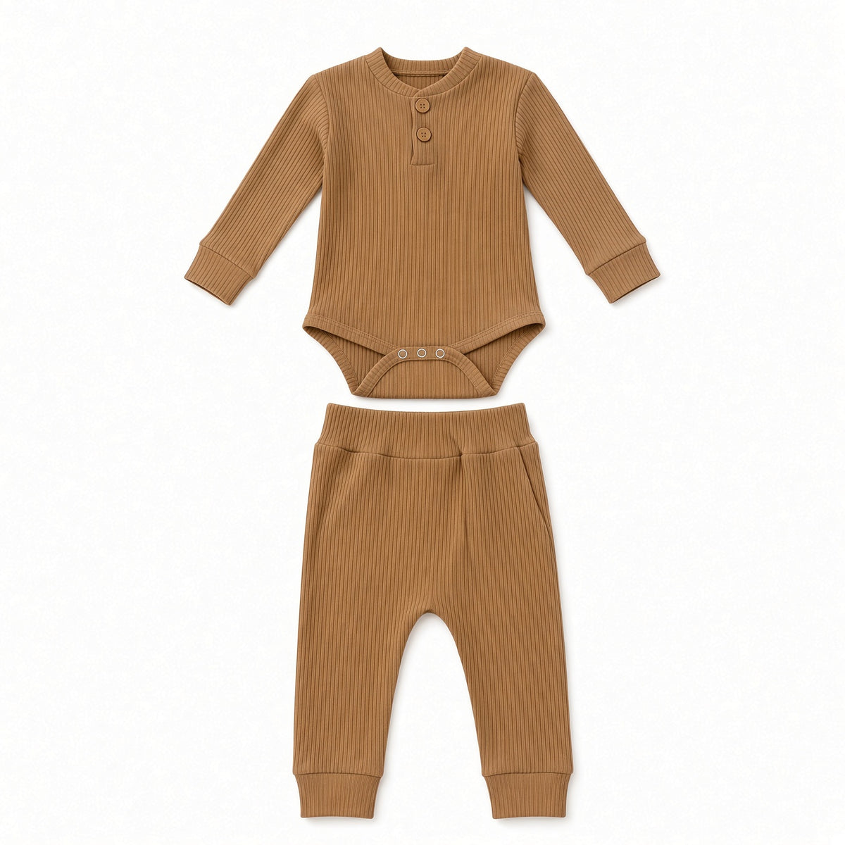 Baby camel ribbed two-piece set: henley snap onesie and pants, flat view