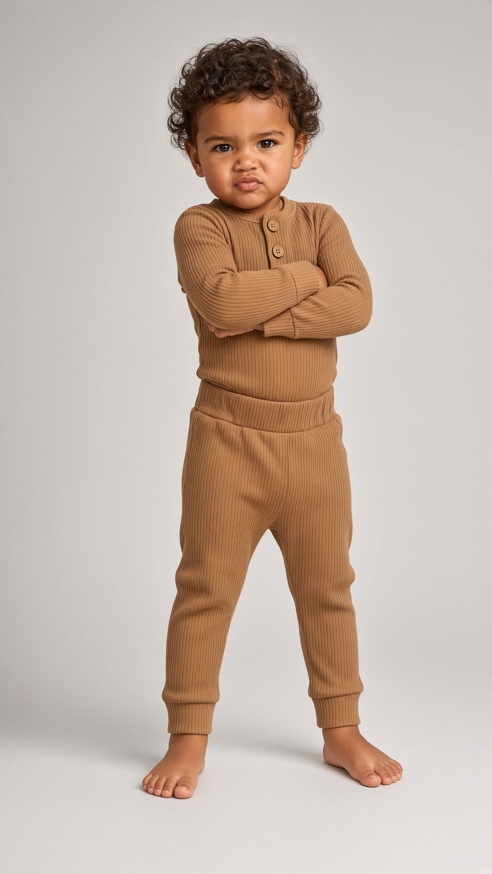 Toddler wearing a camel ribbed henley onesie and matching pants