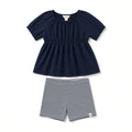 Girls navy muslin short-sleeve top and navy striped shorts set, front view