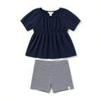 Girls navy muslin short-sleeve top and navy striped shorts set, front view