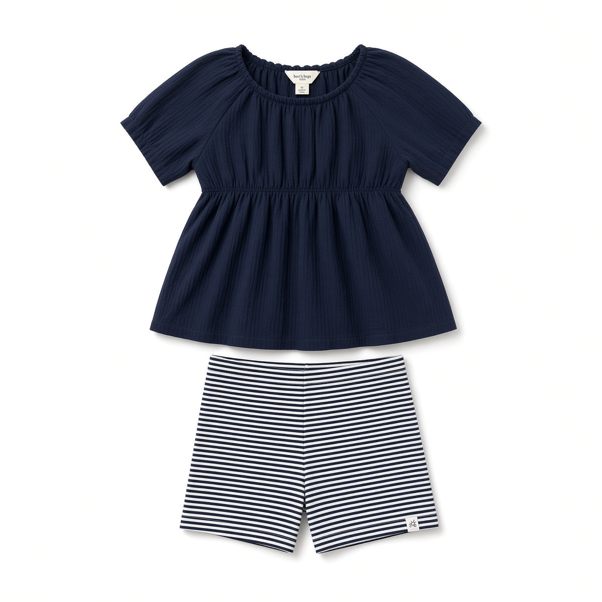 Girls navy muslin short-sleeve top and navy striped shorts set, front view