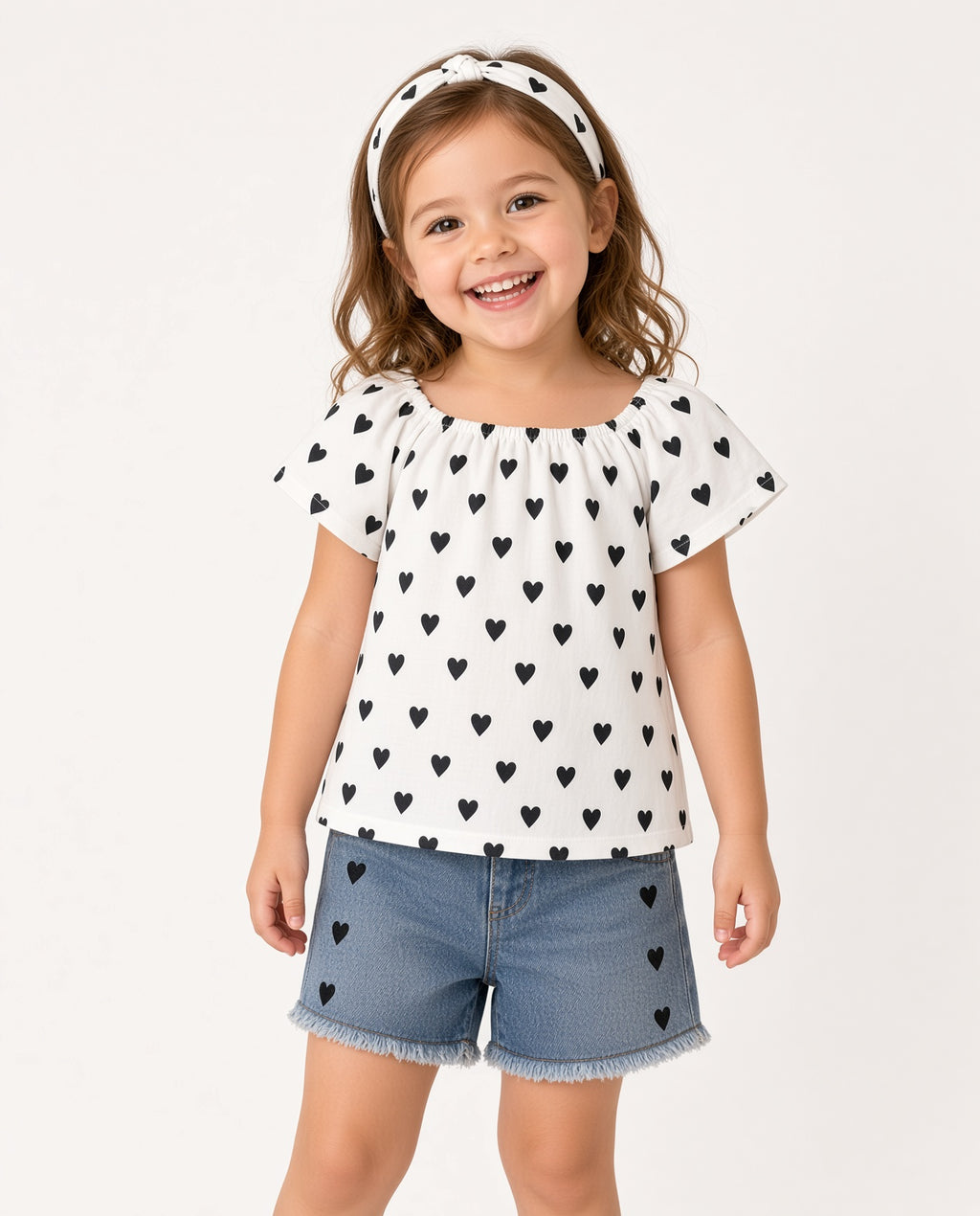 Girl wearing a white heart print flutter-sleeve top, denim shorts, and heart headband