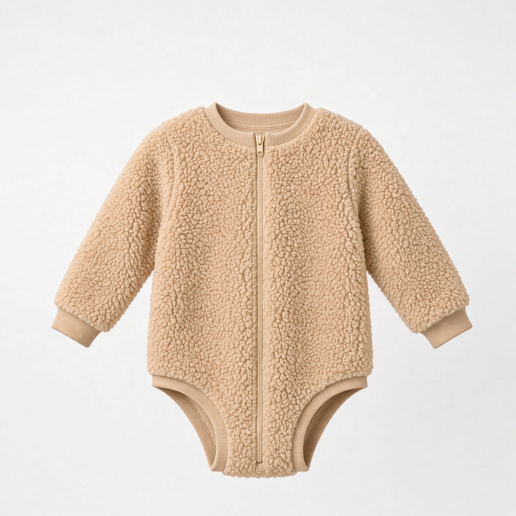 Beige sherpa fleece teddy zip onesie with long sleeves, front view