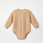 Beige sherpa fleece teddy zip onesie with long sleeves, front view