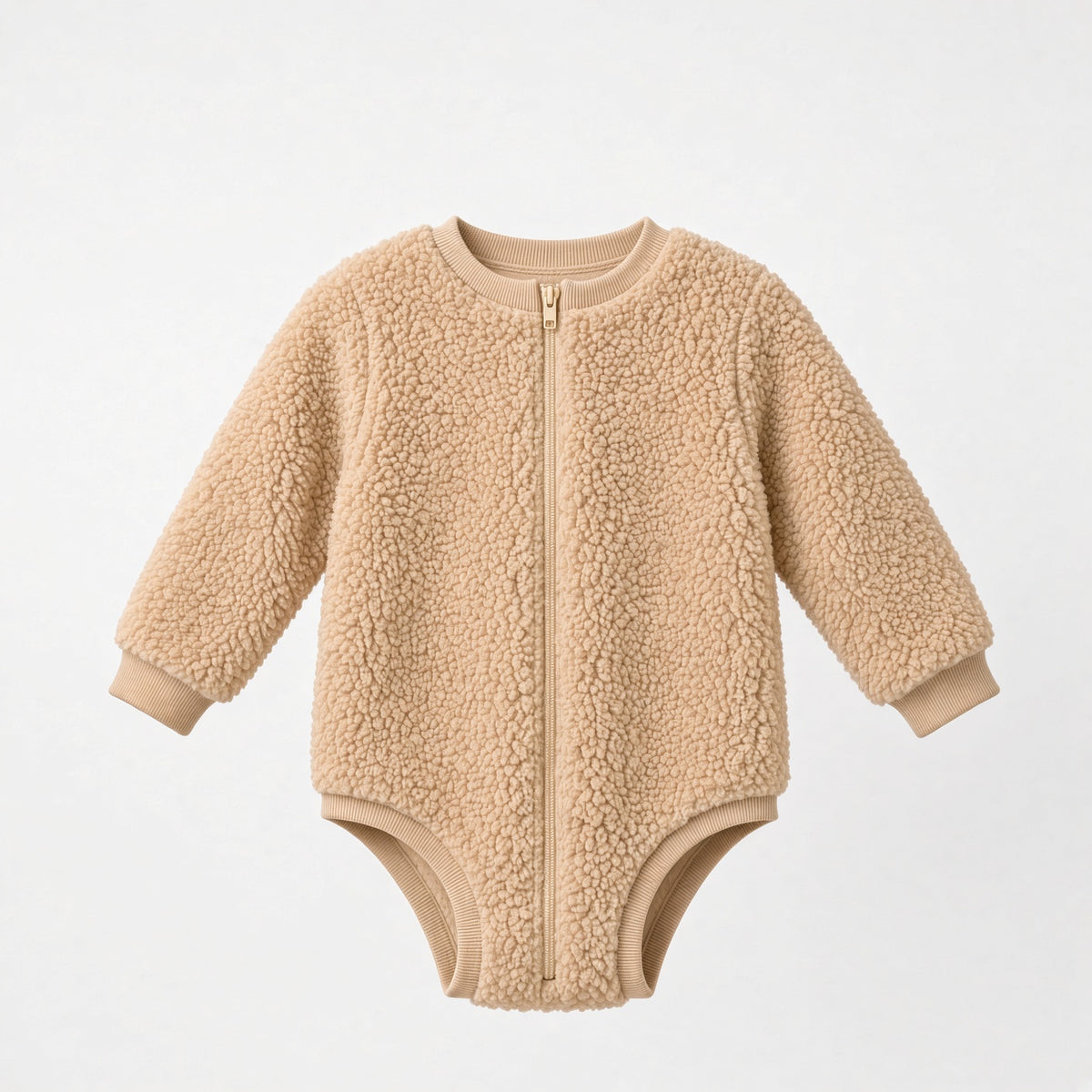 Beige sherpa fleece teddy zip onesie with long sleeves, front view