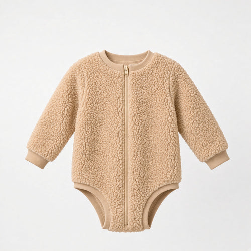 Beige sherpa fleece teddy zip onesie with long sleeves, front view
