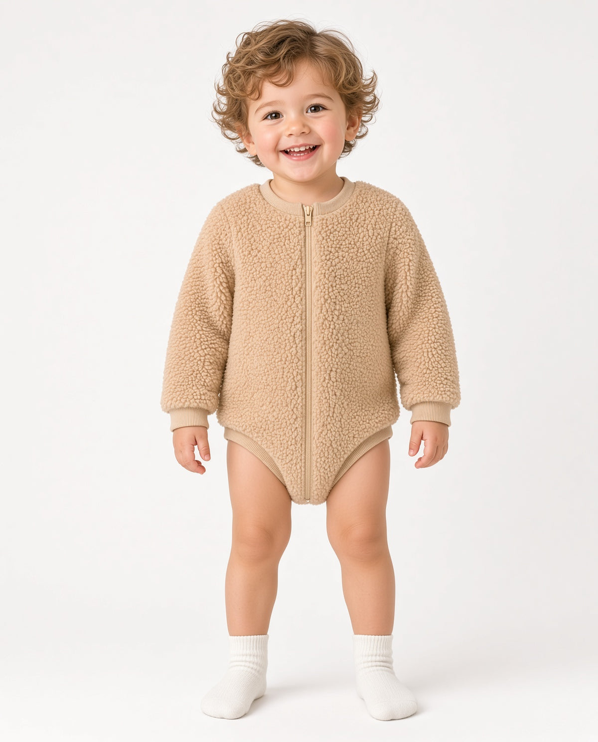 Toddler wearing a beige fluffy sherpa zip bodysuit