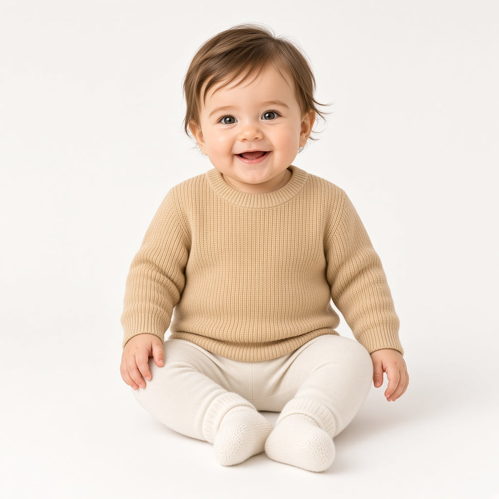Smiling baby sitting in a light caramel chunky knit crewneck sweater