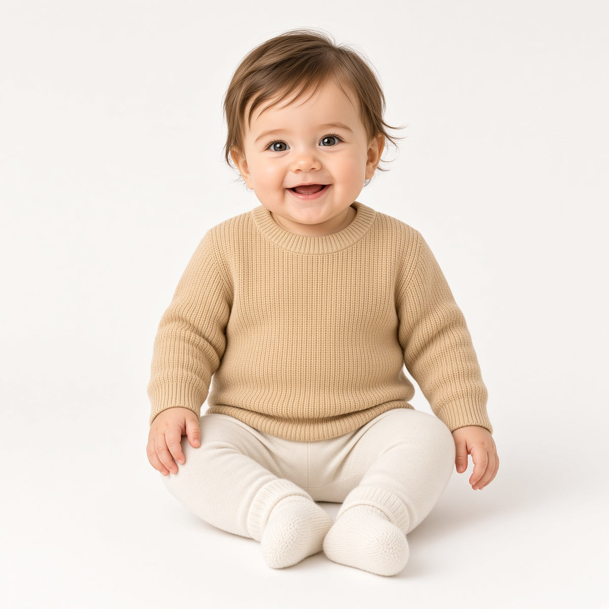 Smiling baby sitting in a light caramel chunky knit crewneck sweater
