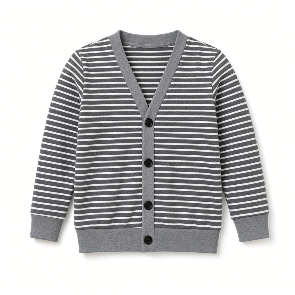 Baby gray stripe jersey cardigan with button front and gray trim, flat view