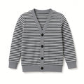 Baby gray stripe jersey cardigan with button front and gray trim, flat view