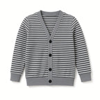 Baby gray stripe jersey cardigan with button front and gray trim, flat view