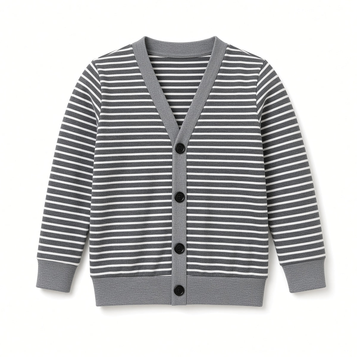Baby gray stripe jersey cardigan with button front and gray trim, flat view