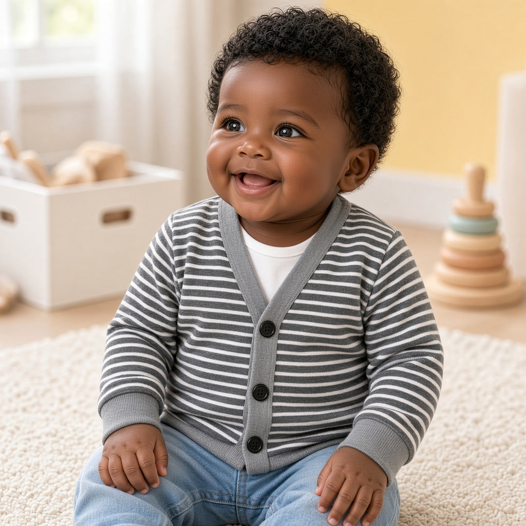 Baby wearing a gray and white stripe button-front cardigan over a white tee