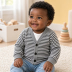 Baby wearing a gray and white stripe button-front cardigan over a white tee