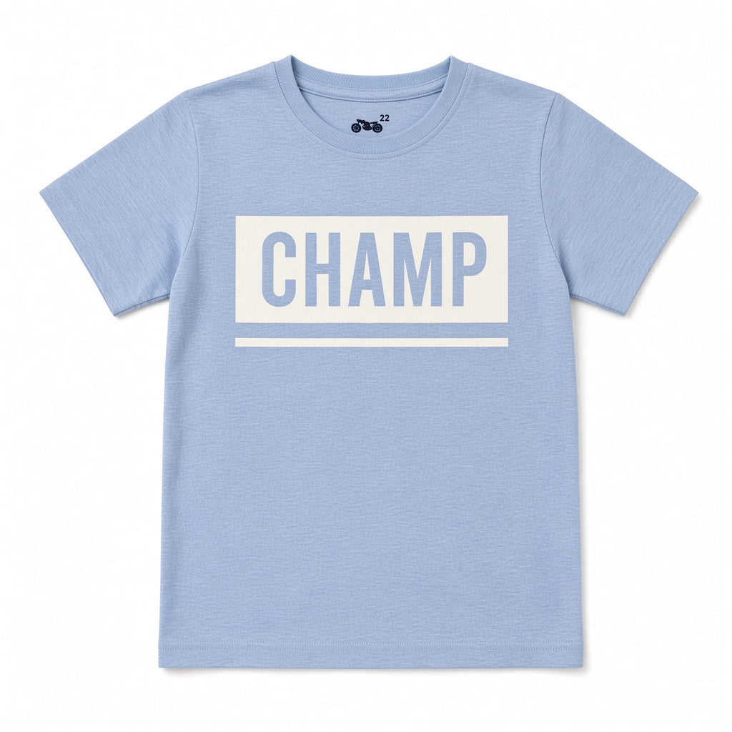 Light blue boys tee with white CHAMP graphic, front view
