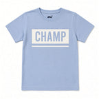 Light blue boys tee with white CHAMP graphic, front view