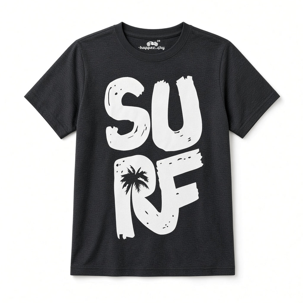 Black boys tee with white SURF lettering and palm tree, front view