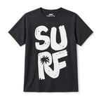 Black boys tee with white SURF lettering and palm tree, front view