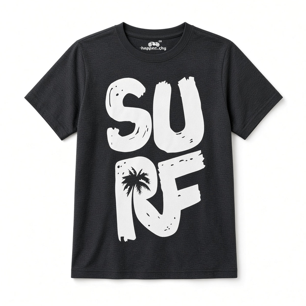 Black boys tee with white SURF lettering and palm tree, front view