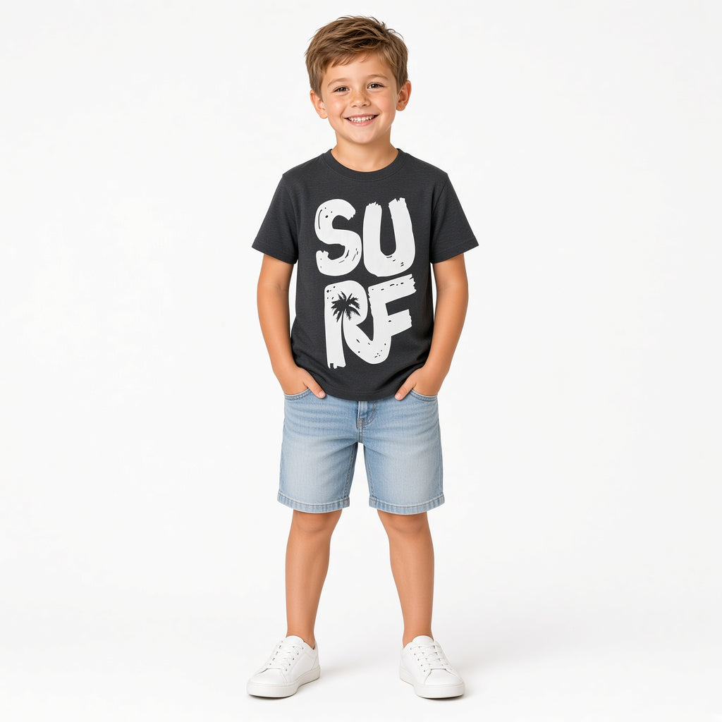 Boy wearing a black SURF graphic tee with denim shorts