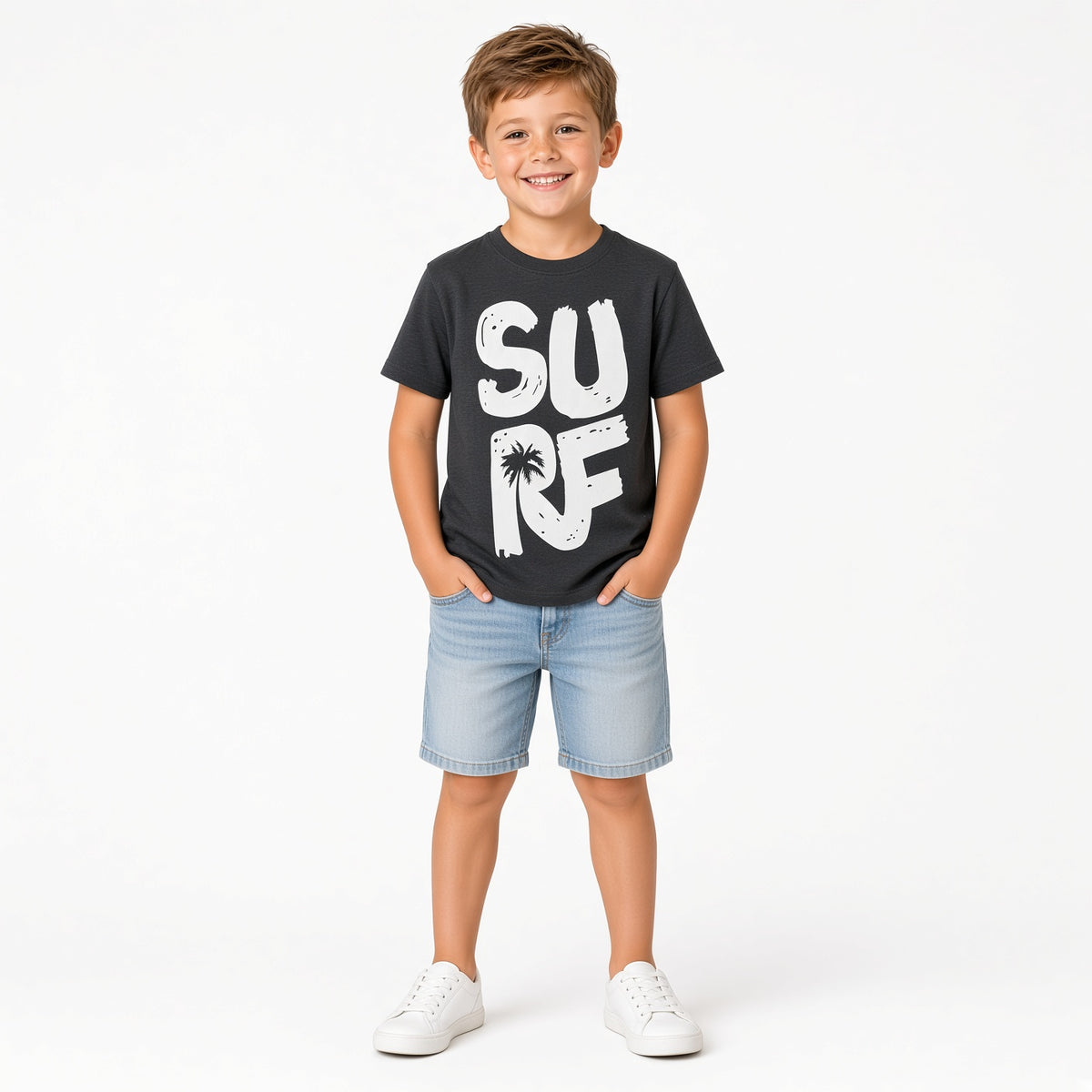 Boy wearing a black SURF graphic tee with denim shorts