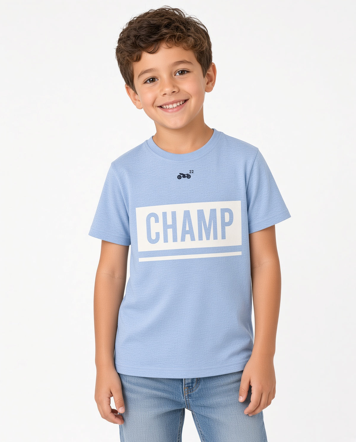 Boy wearing a light blue CHAMP graphic tee