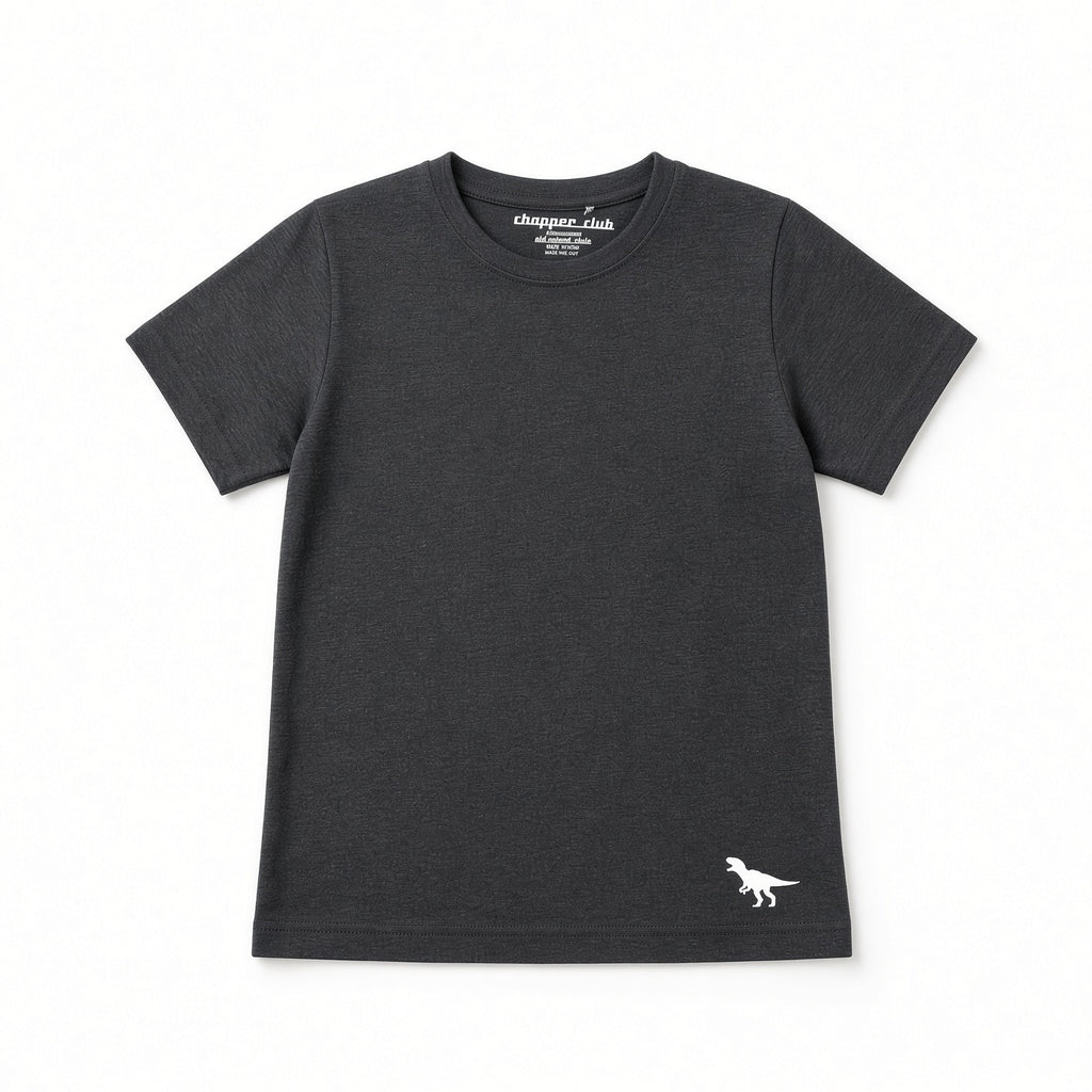 Charcoal black solid boys tee with small dinosaur logo at hem