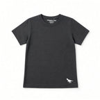 Charcoal black solid boys tee with small dinosaur logo at hem