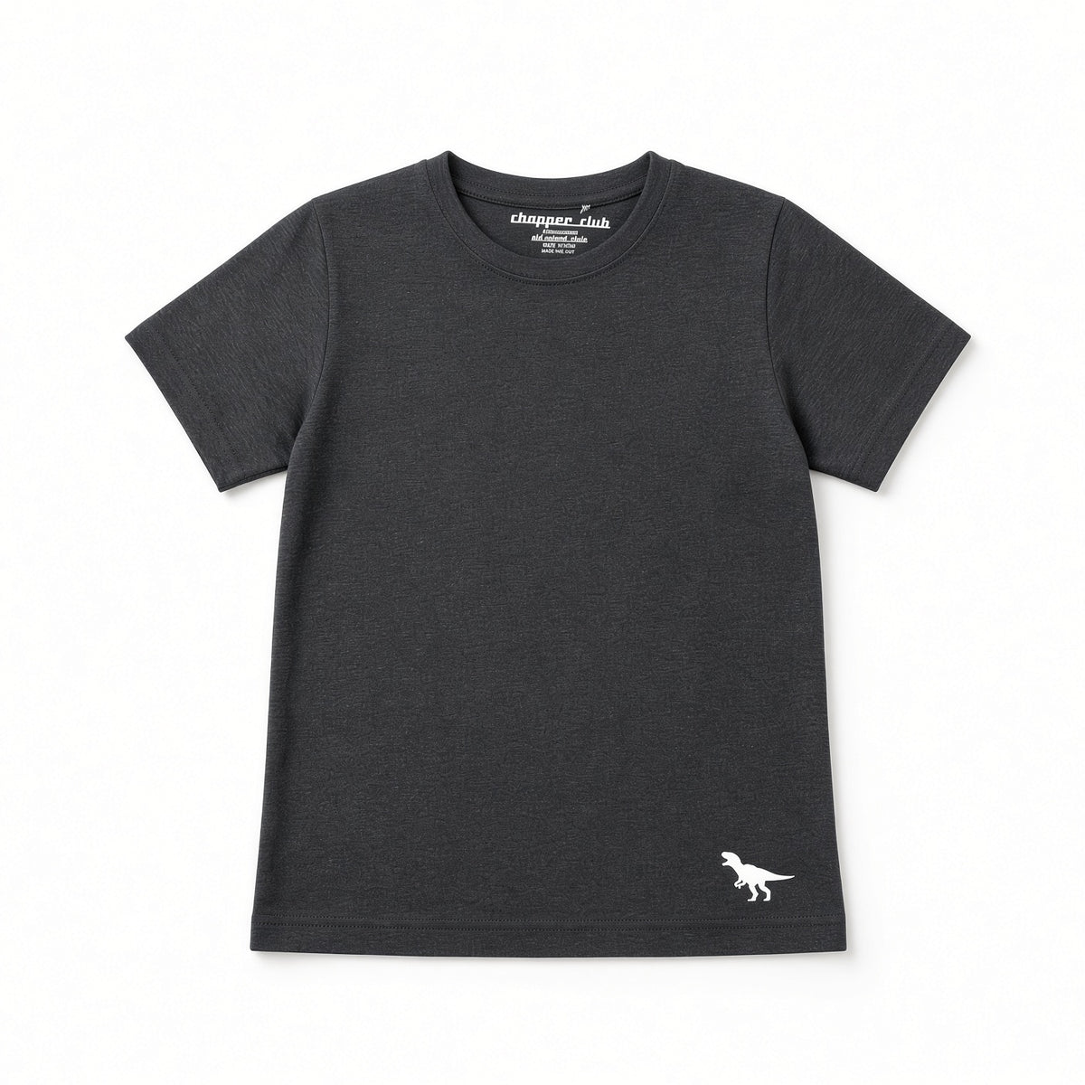 Charcoal black solid boys tee with small dinosaur logo at hem
