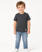 Boy wearing a charcoal solid short-sleeve tee and jeans