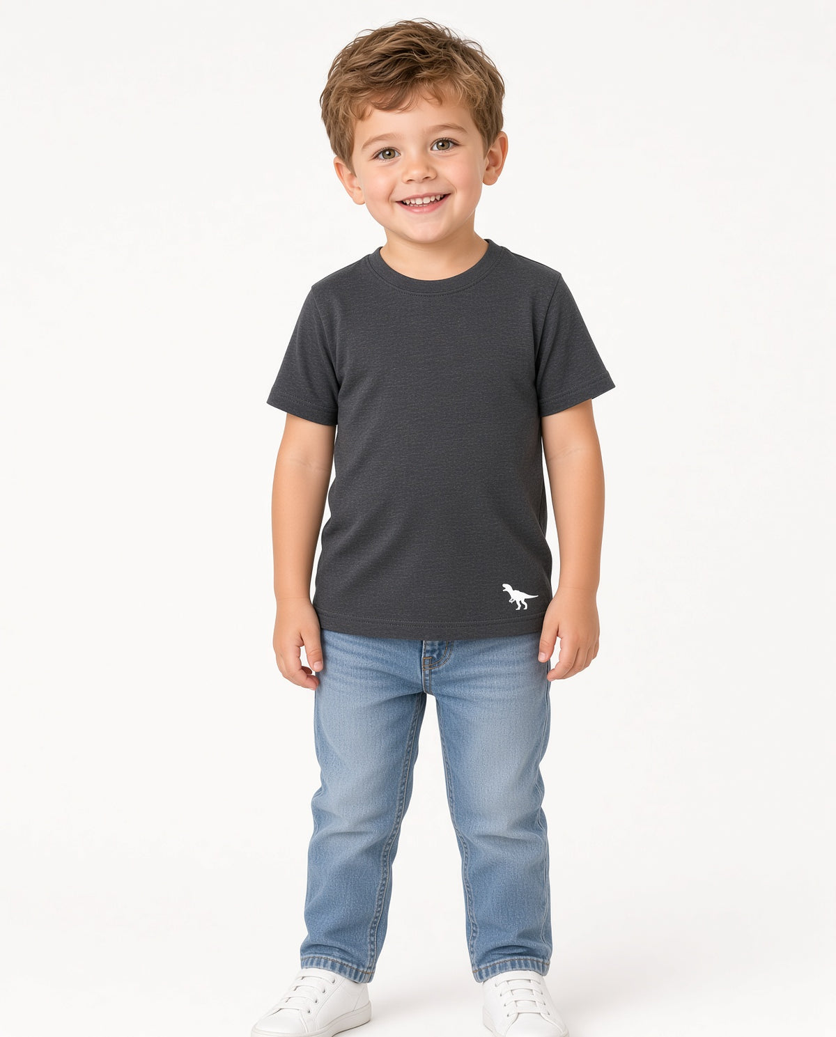 Boy wearing a charcoal solid short-sleeve tee and jeans
