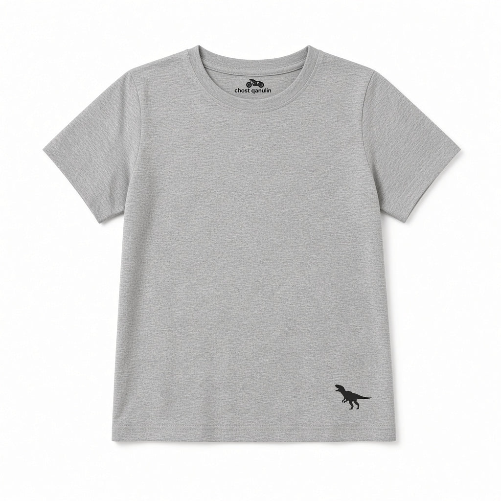 Heather gray solid boys tee with small dinosaur logo, front view