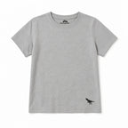 Heather gray solid boys tee with small dinosaur logo, front view