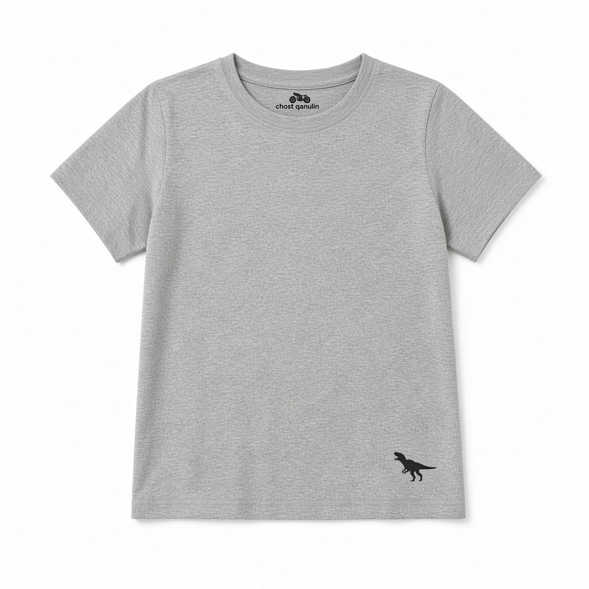 Heather gray solid boys tee with small dinosaur logo, front view