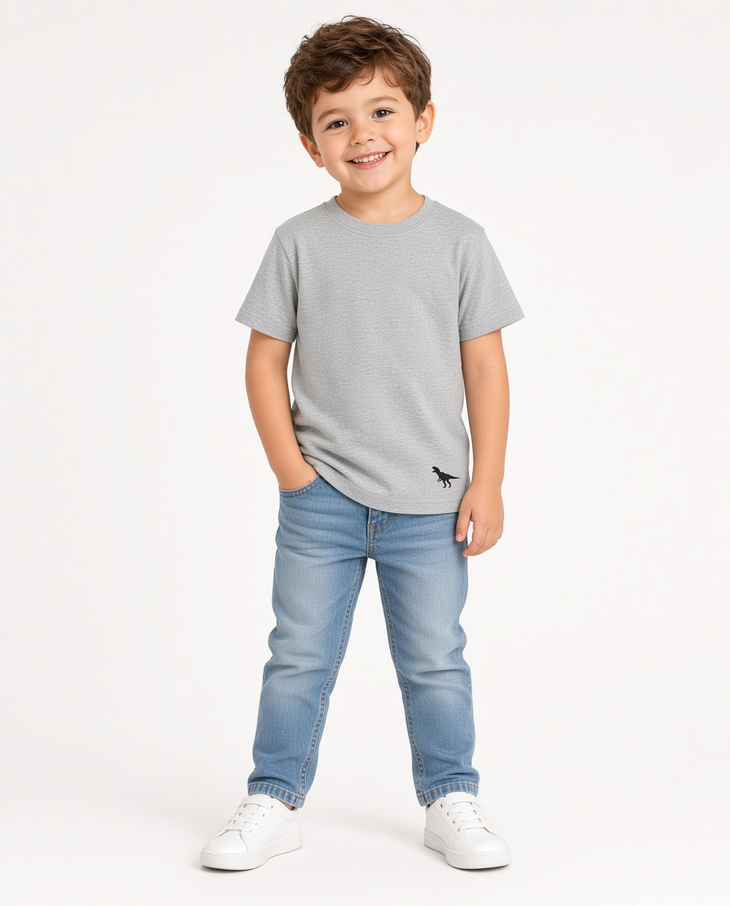 Boy wearing a gray solid crewneck tee with jeans