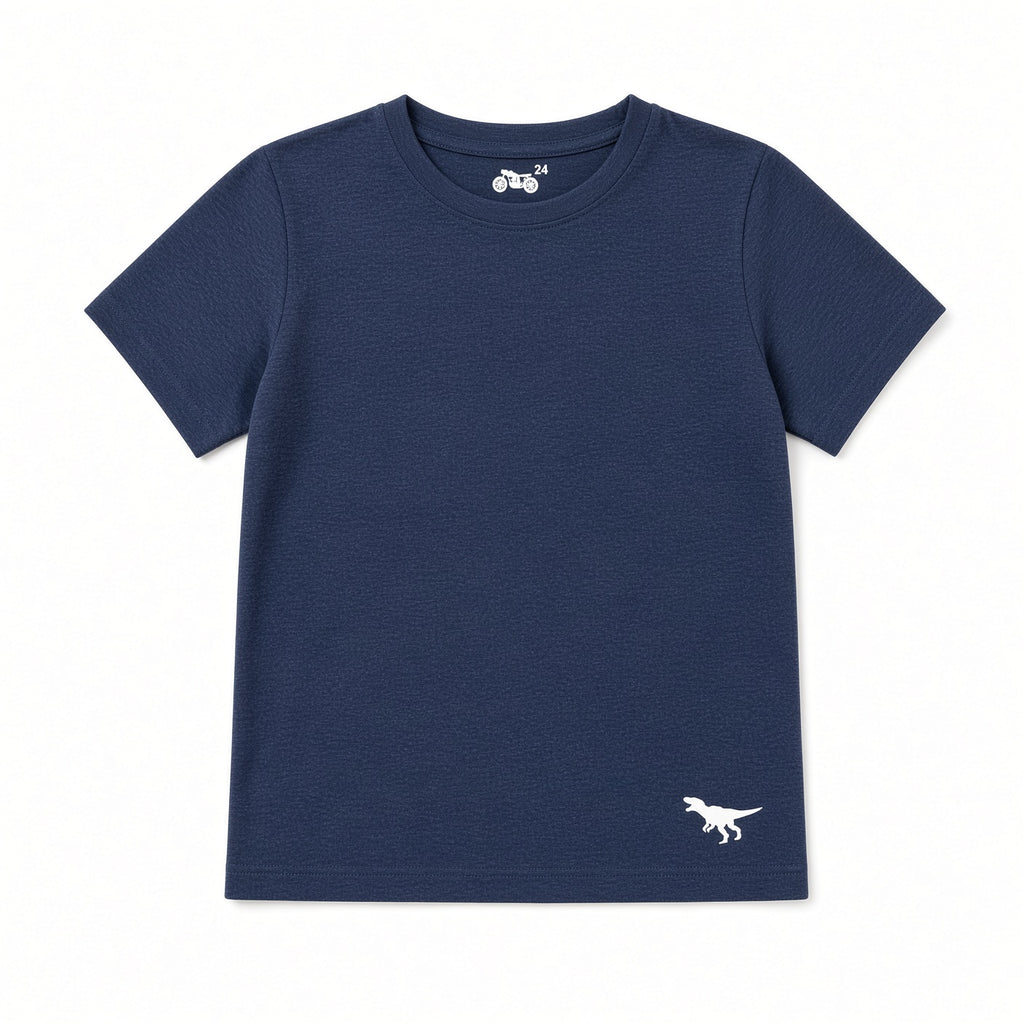 Navy blue solid boys tee with small dinosaur hem logo, front view