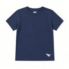 Navy blue solid boys tee with small dinosaur hem logo, front view