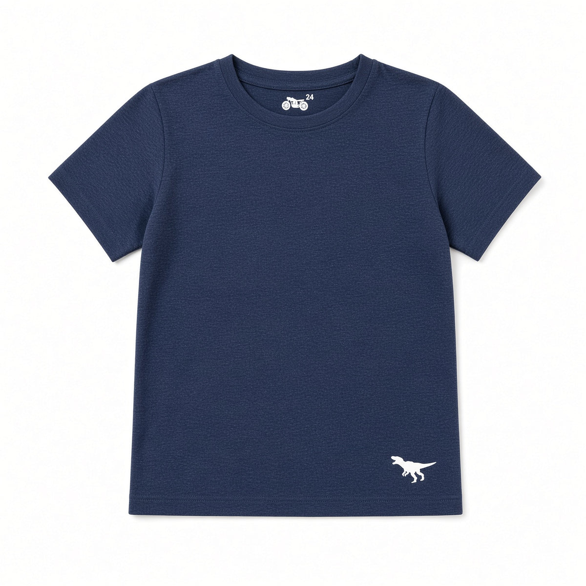 Navy blue solid boys tee with small dinosaur hem logo, front view
