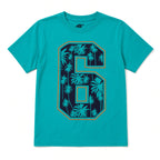 Teal boys tee with large navy palm tree print number 6, front view
