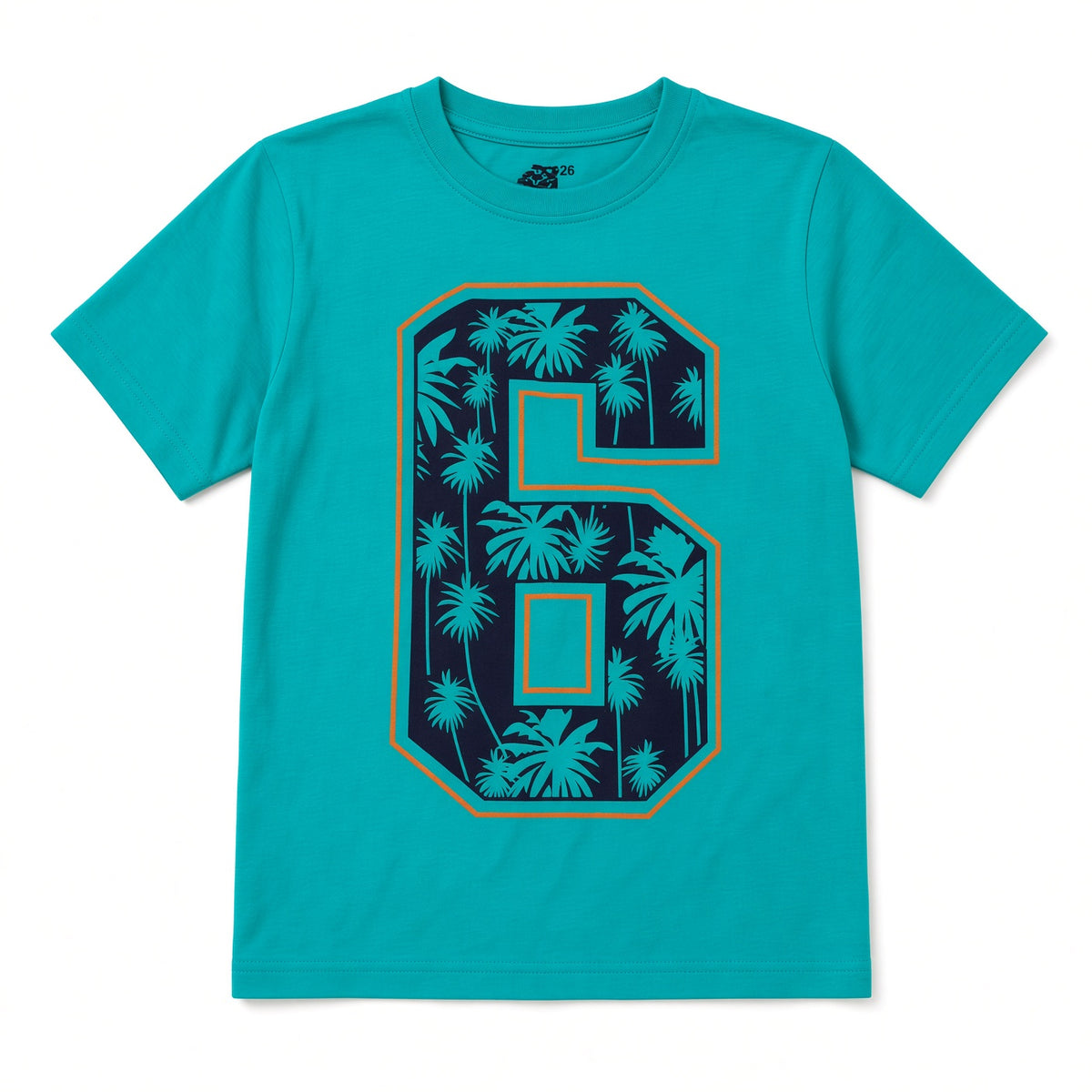 Teal boys tee with large navy palm tree print number 6, front view